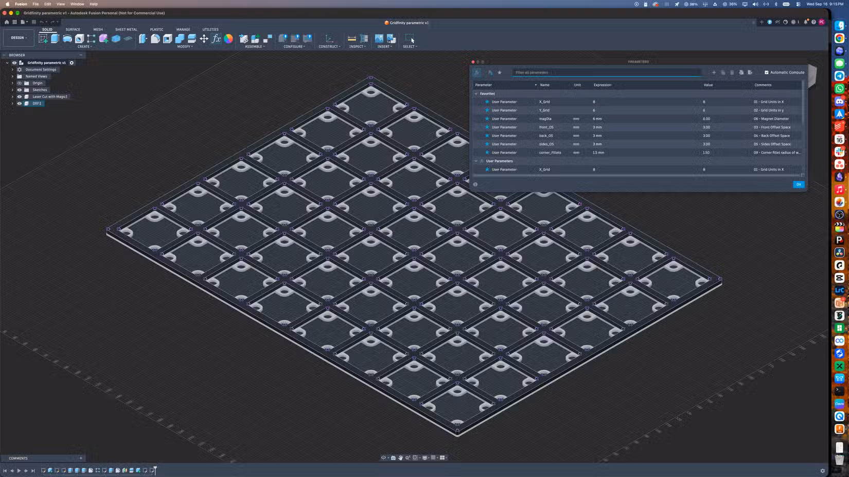 A screenshot of Autodesk Fusion showing Gridfinity with the parametric options opened up.