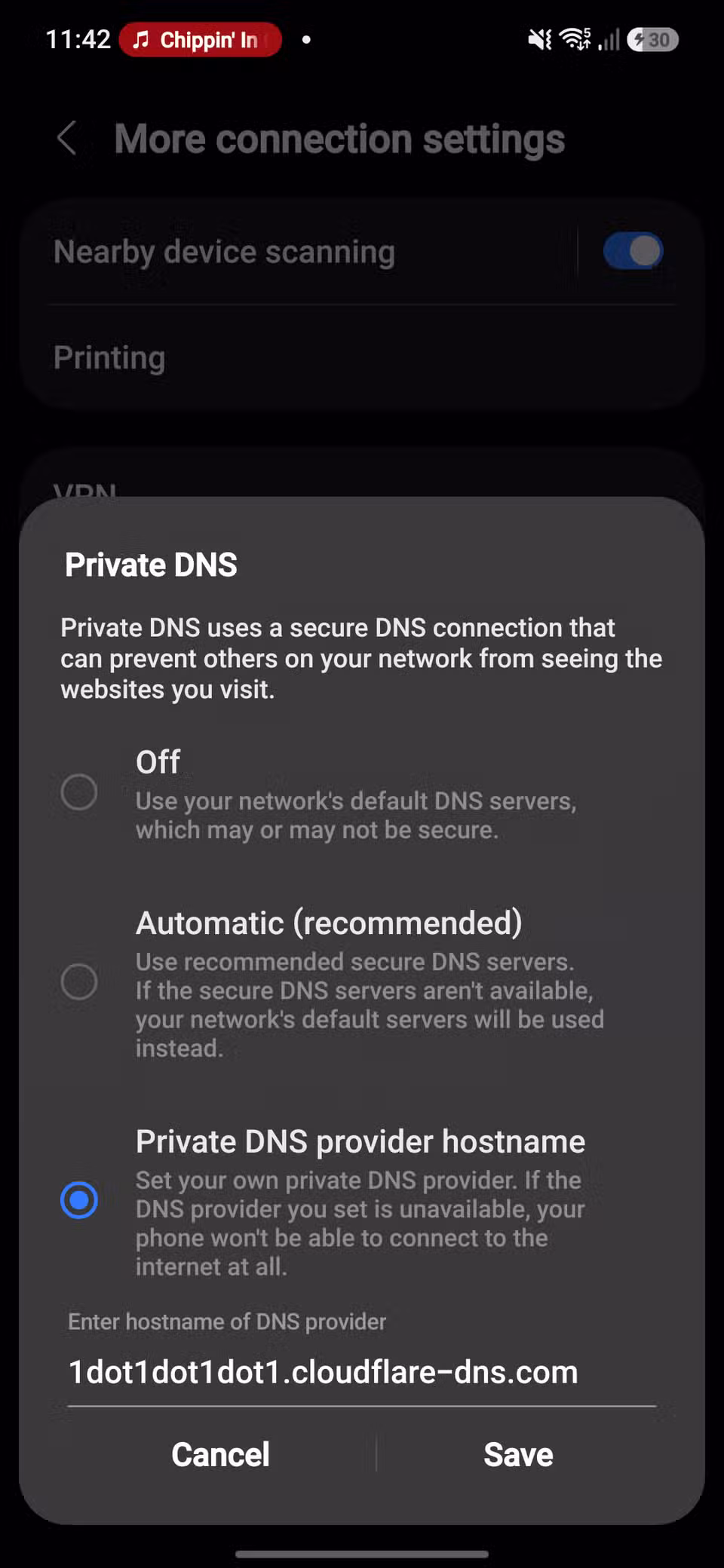 DNS settings menu on a Samsung S24 FE