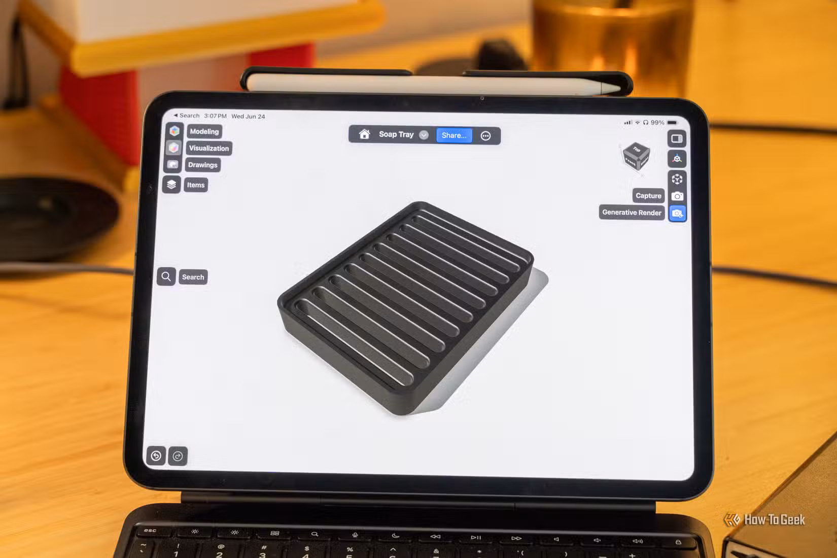 Shapr3D on iPad showing soap tray model with Apple Pencil and Generative Render controls.