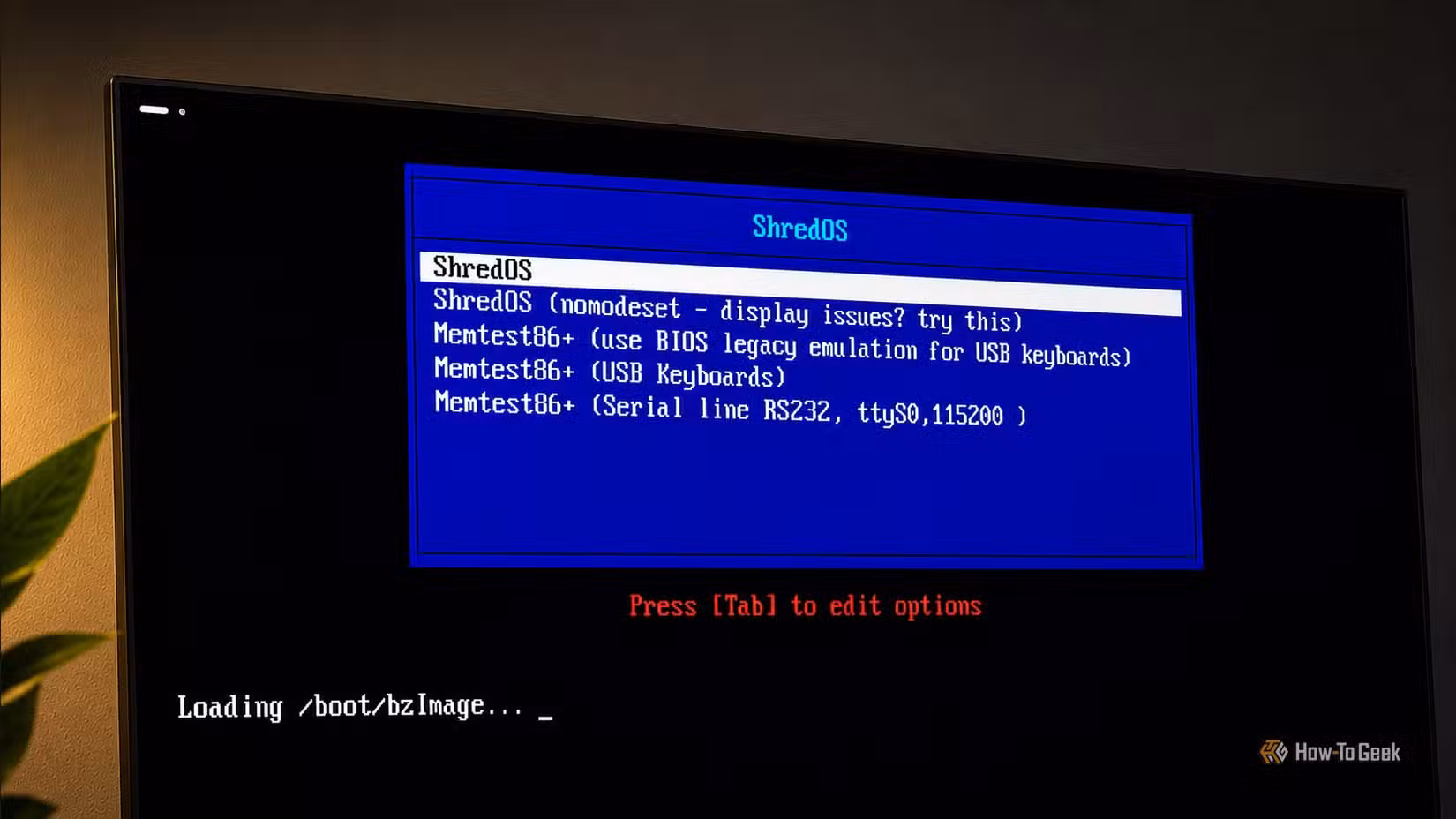 ShredOS boot menu on a monitor