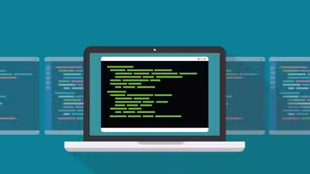 Laptop on a blue background showing a Linux command prompt.