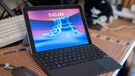 Side profile of a Microsoft Surface Go running CachyOS Linux.