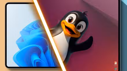 Split-screen with Windows 11 on the left and Linux on the right with Tux