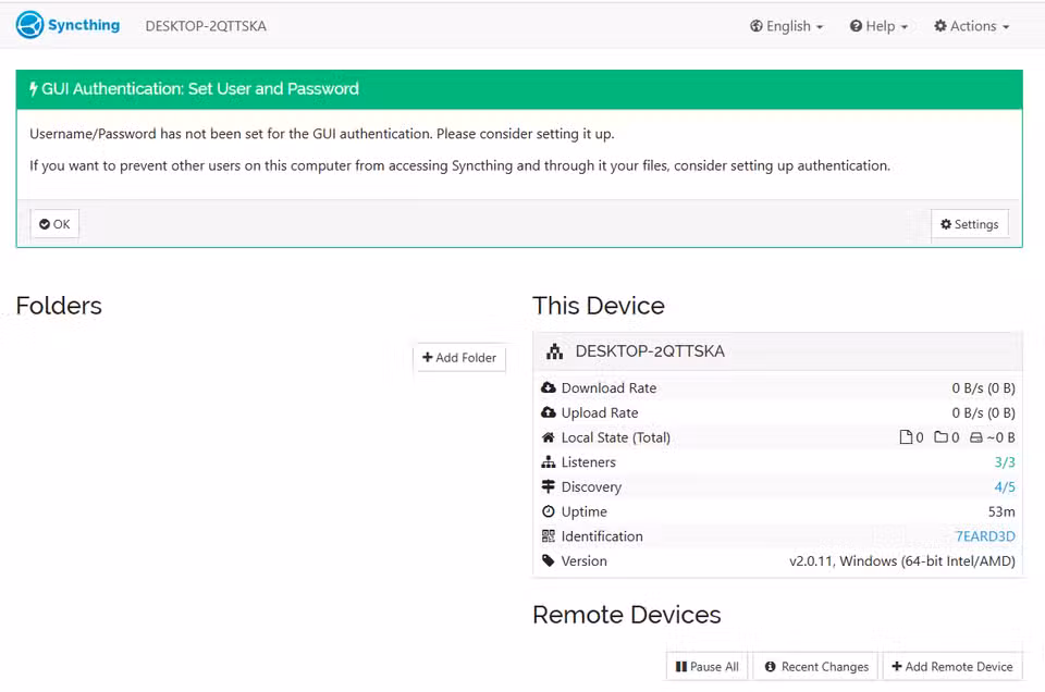 A screenshot of the open-source syncing tool called Syncthing operating in a web browser.