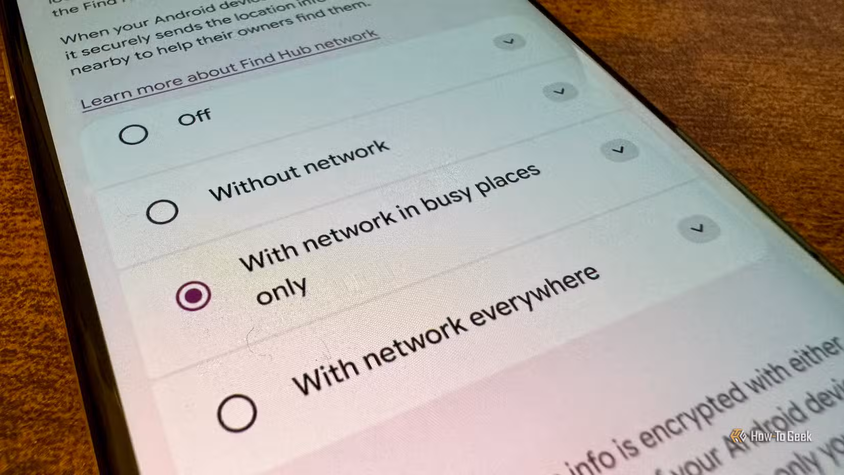 The With network in busy places only setting in Find Hub on a phone.