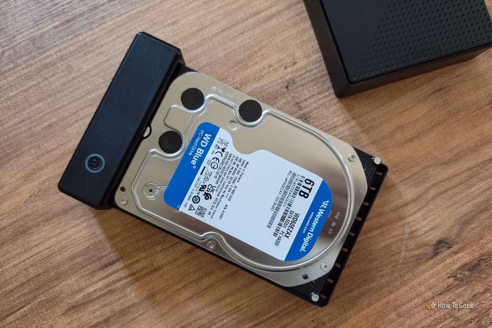 Top-down view of a 6 TB hard disk drive inside of an enclosure. 