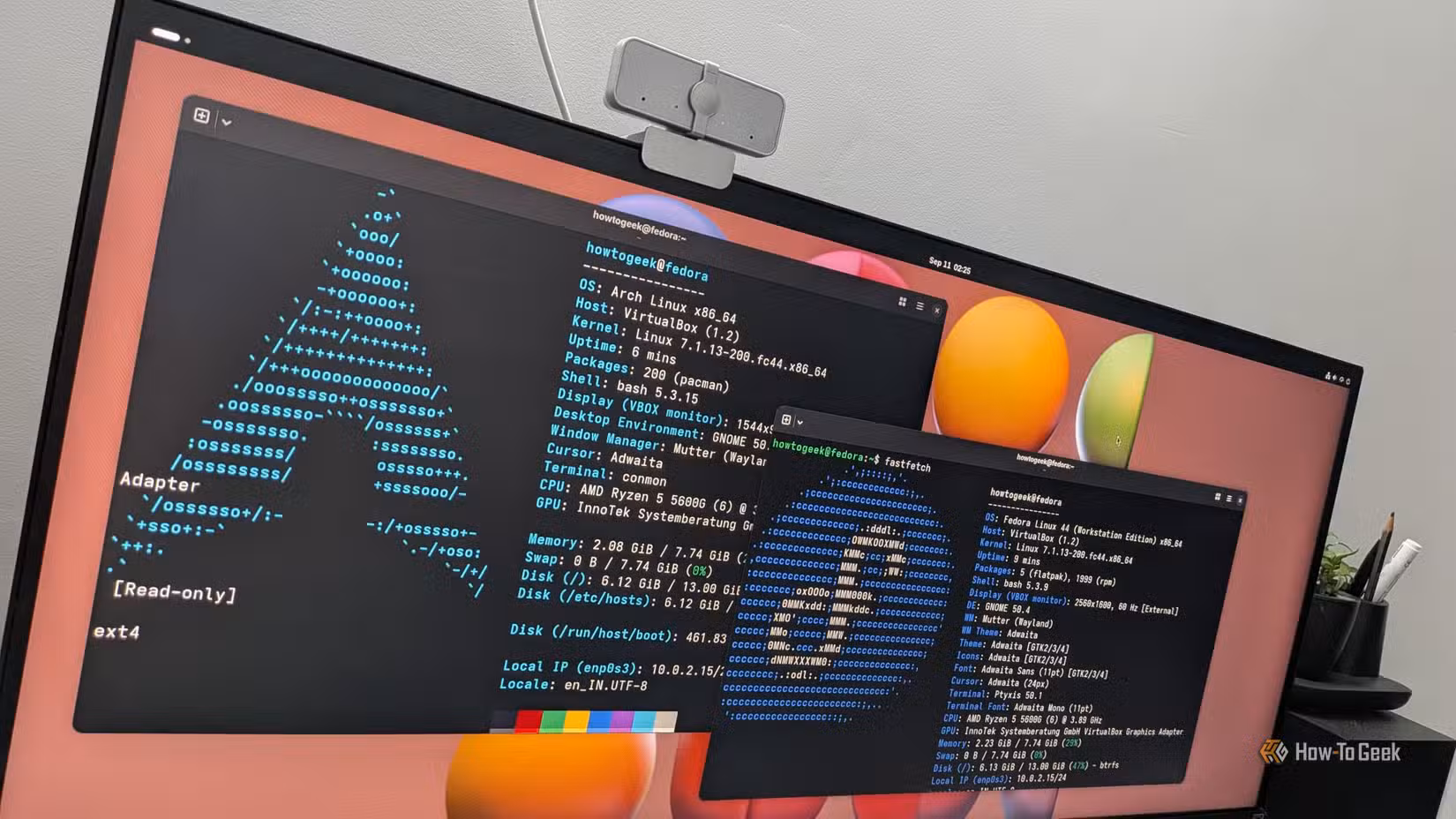 Two Linux terminals open with one showing fast fetch results for Fedora and one for Arch Linux.