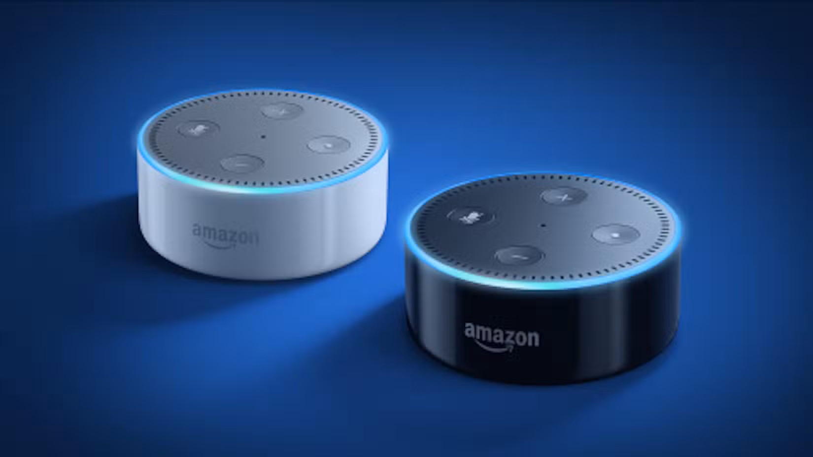 Two second-generation Amazon Echo Dots side by side.