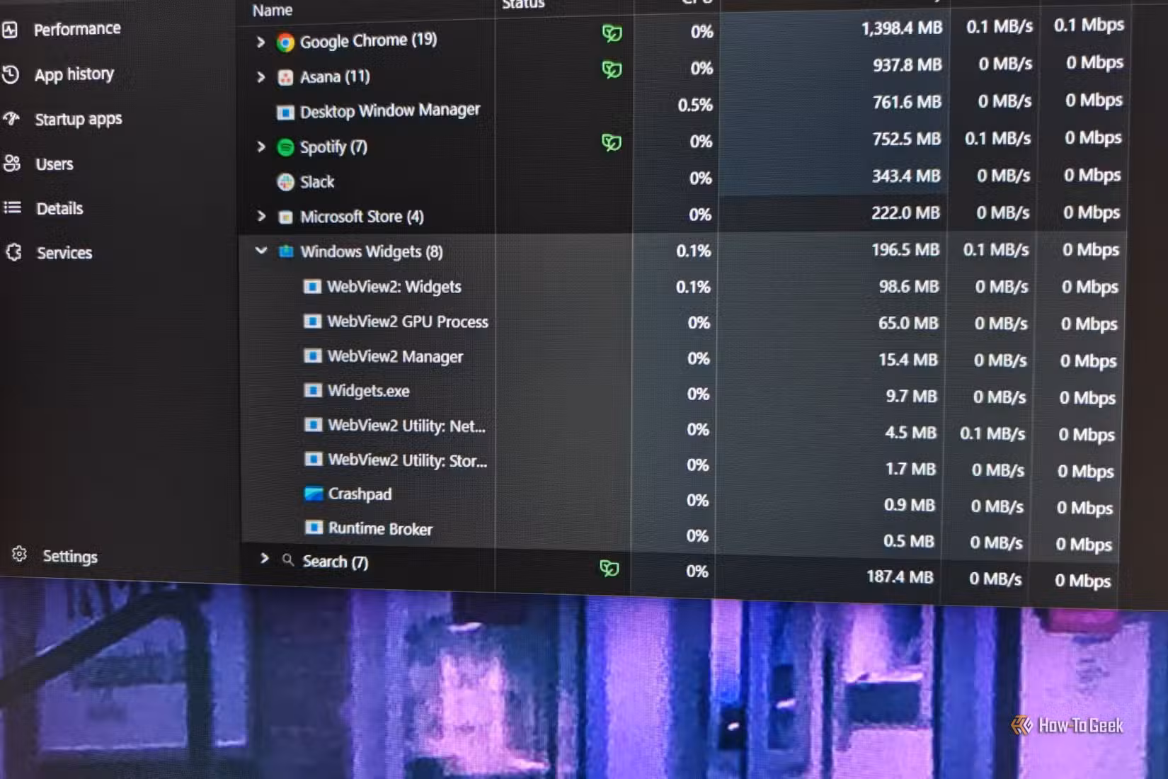 Windows Widgets in Task Manager.