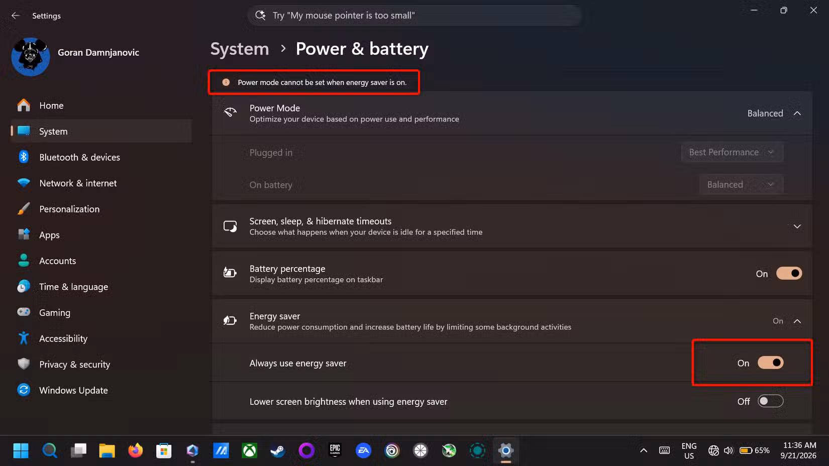 Windows 11 Power & battery menu. 