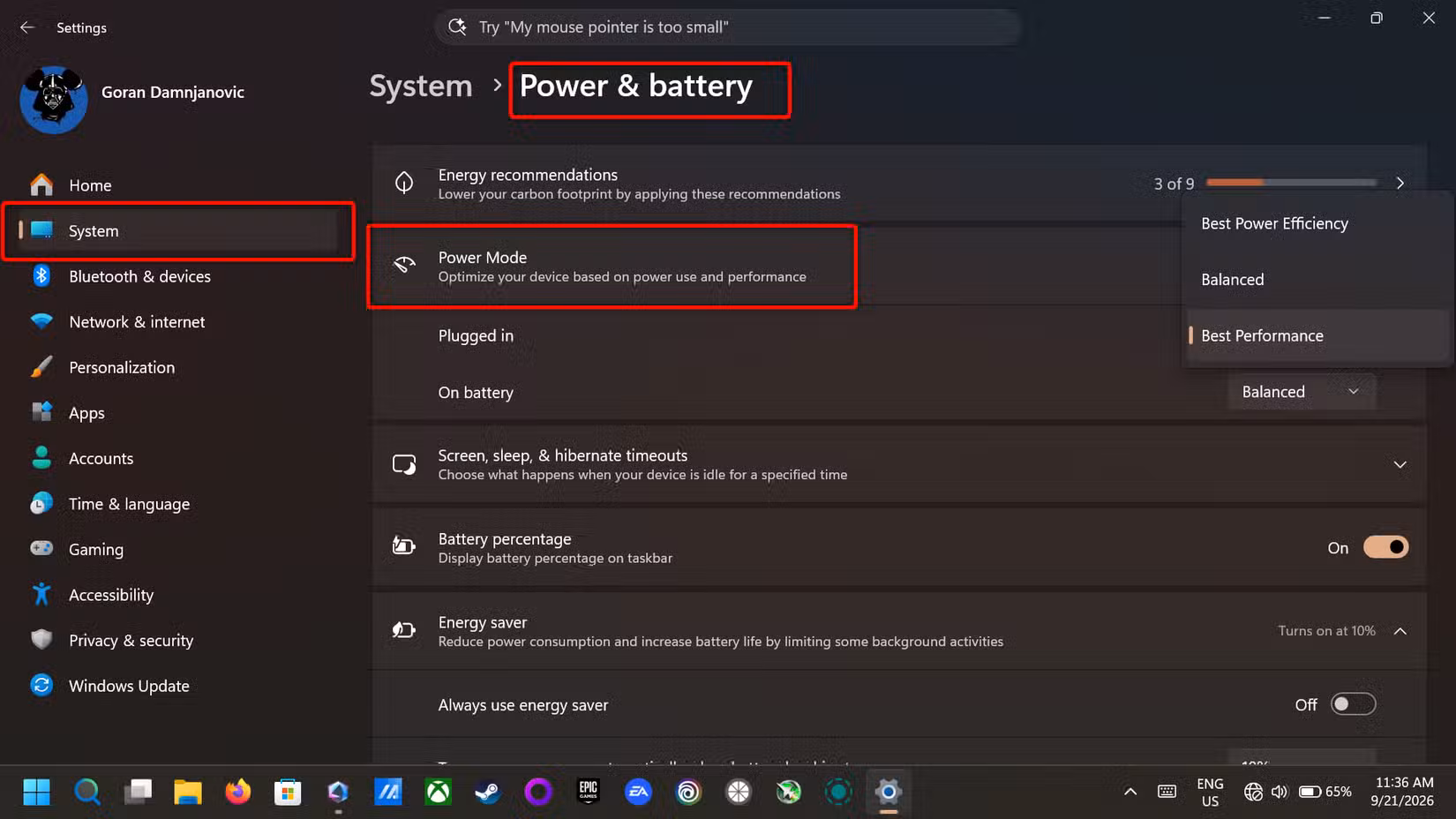 Windows 11 Power & battery menu. 
