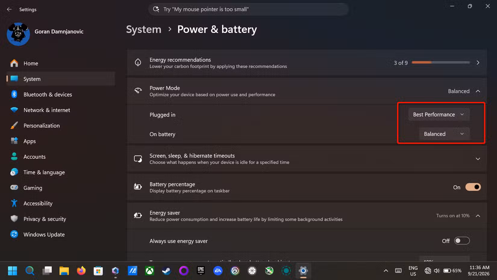 Windows 11 Power & battery menu. 