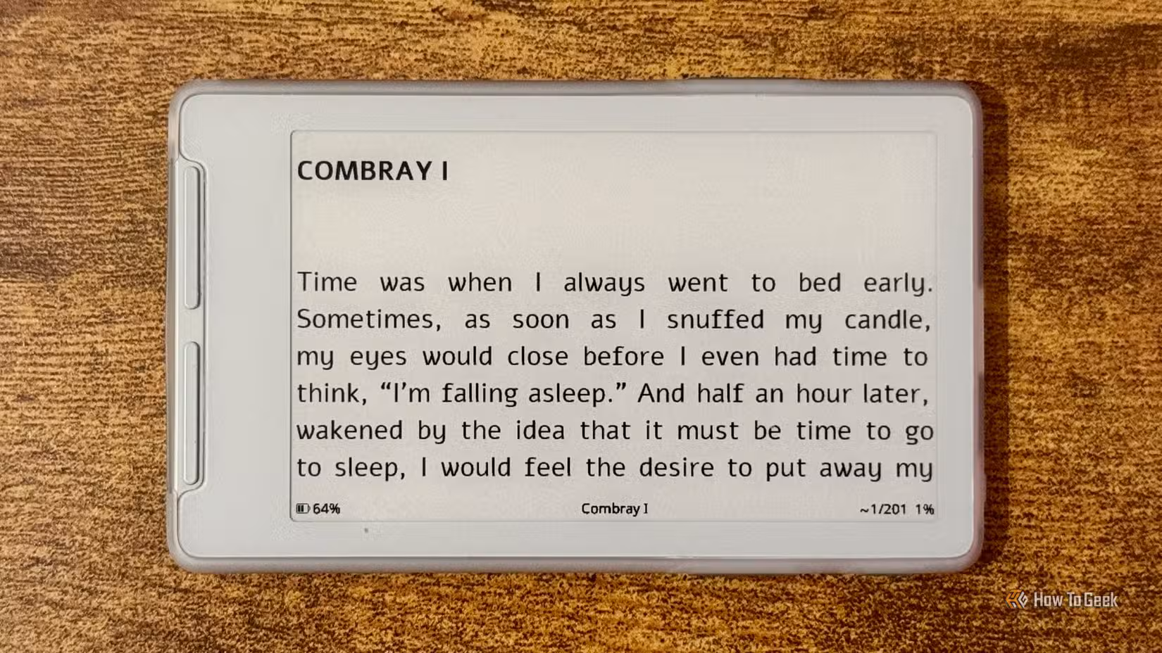 Xteink X4 Classic eReader screen showing the Combray I opening page and 64 percent battery.